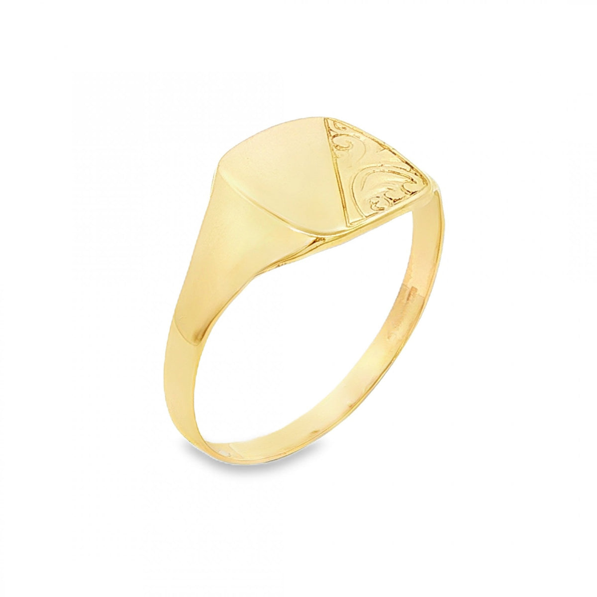 9ct Yellow Gold Half-Engraved Cushion Signet Ring - Size Z -12mm