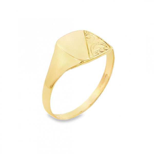 9ct Yellow Gold Half-Engraved Cushion Signet Ring - Size Z -12mm
