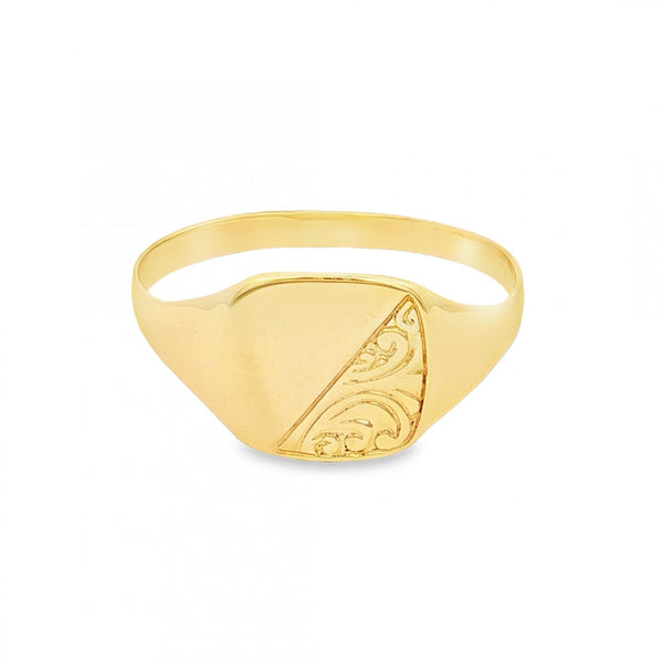 9ct Yellow Gold Half-Engraved Cushion Signet Ring - Size Z -12mm