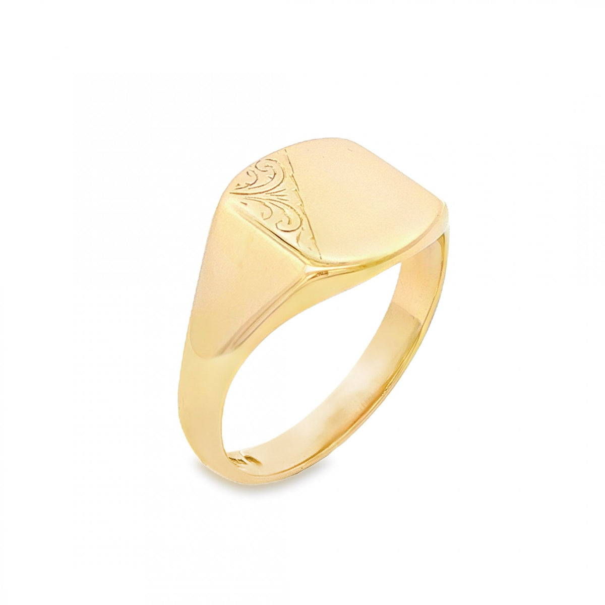 9ct Yellow Gold Engraved Cushion Signet Ring - Size T½ - 13mm