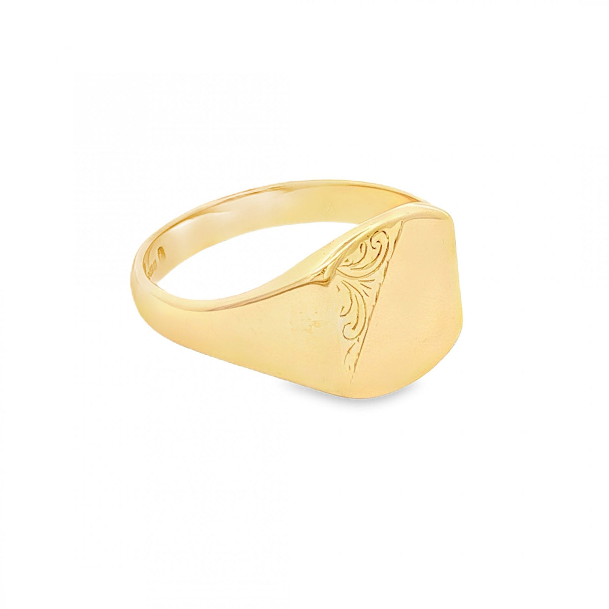 9ct Yellow Gold Engraved Cushion Signet Ring - Size T½ - 13mm