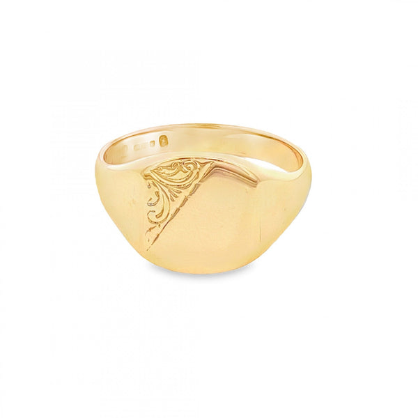 9ct Yellow Gold Engraved Cushion Signet Ring - Size T½ - 13mm