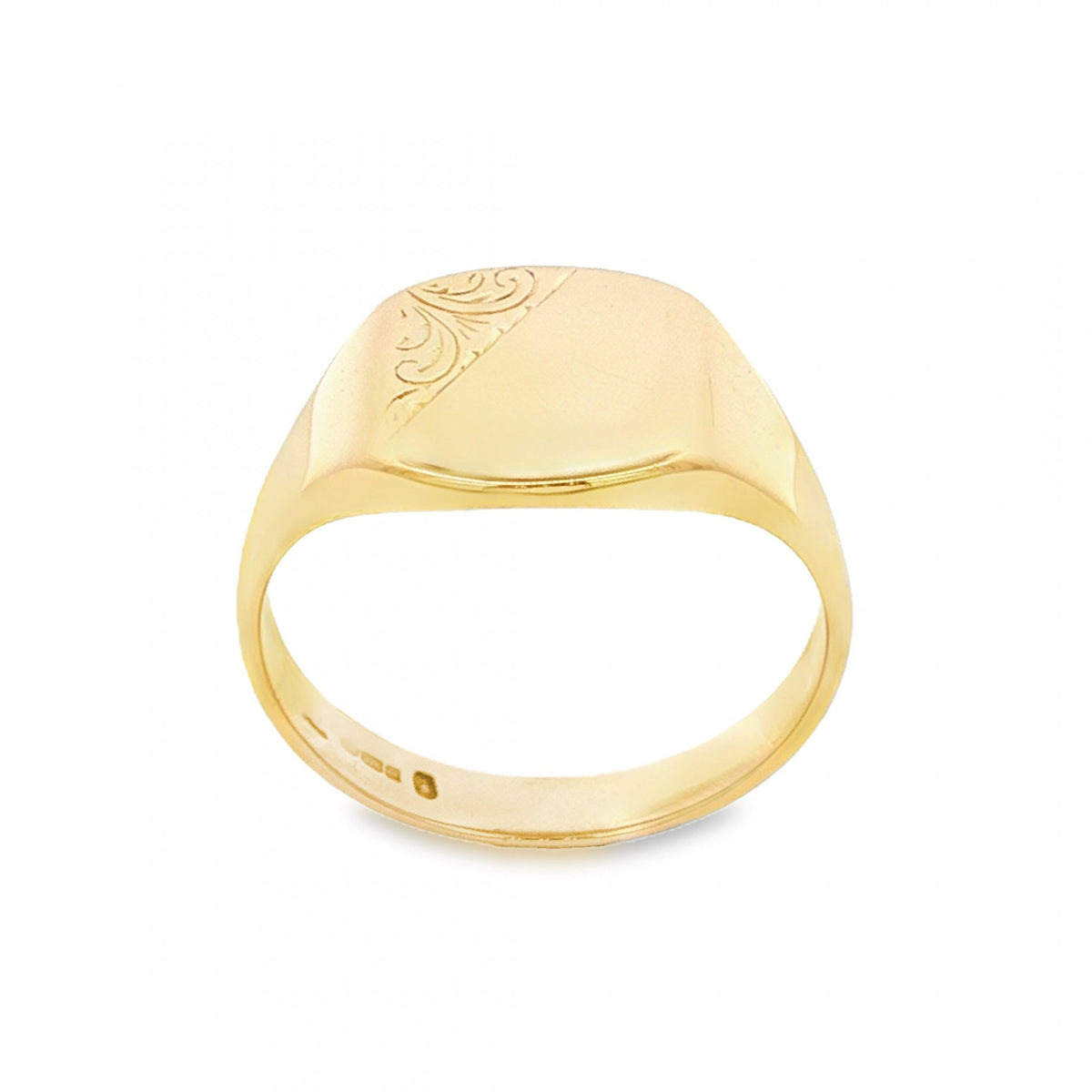 9ct Yellow Gold Engraved Cushion Signet Ring - Size T½ - 13mm