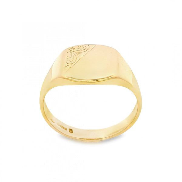 9ct Yellow Gold Engraved Cushion Signet Ring - Size T½ - 13mm