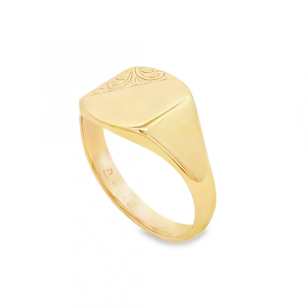 9ct Yellow Gold Engraved Cushion Signet Ring - Size T½ - 13mm