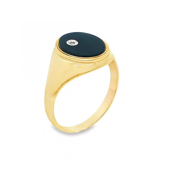 9ct Yellow Gold Diamond & Onyx Signet Ring - Size T½ - 14mm