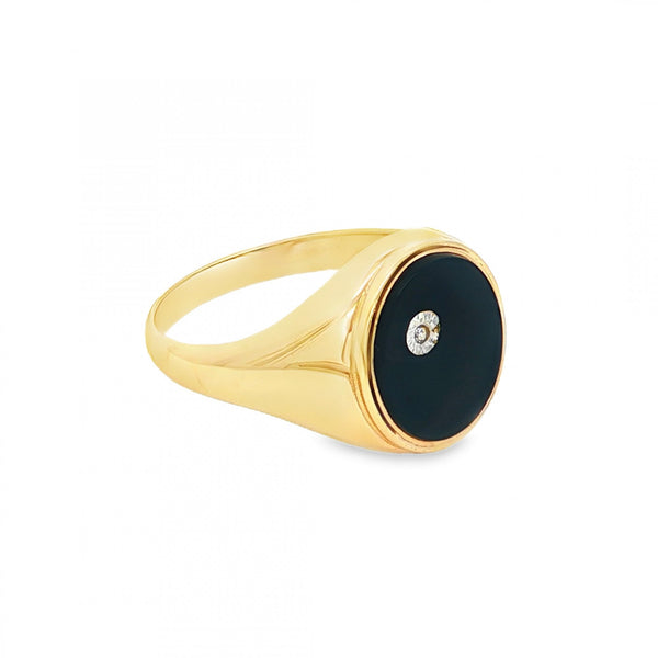 9ct Yellow Gold Diamond & Onyx Signet Ring - Size T½ - 14mm