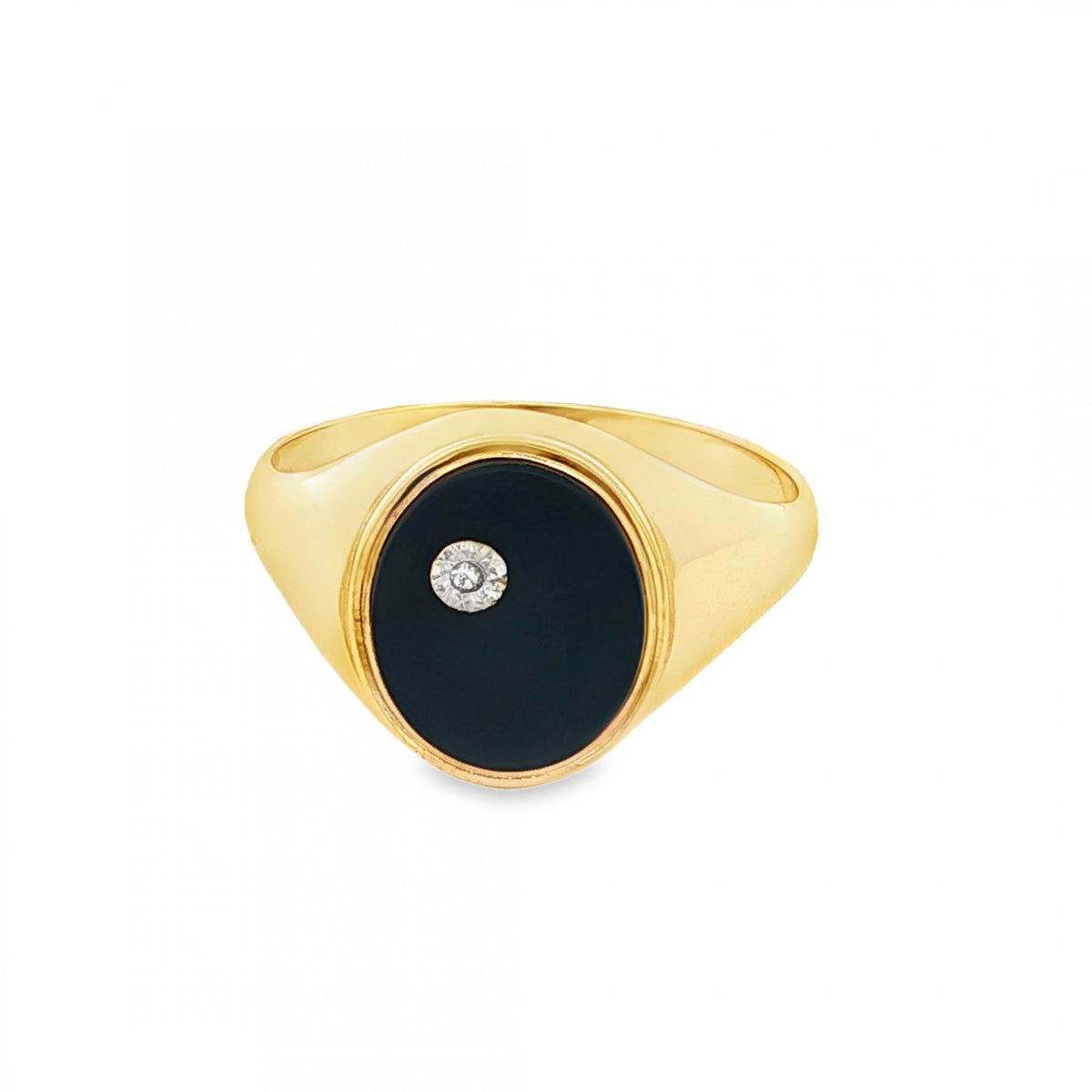9ct Yellow Gold Diamond & Onyx Signet Ring - Size T½ - 14mm