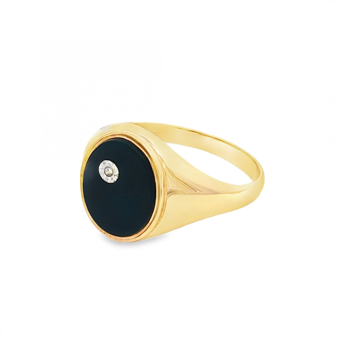 9ct Yellow Gold Diamond & Onyx Signet Ring - Size T½ - 14mm