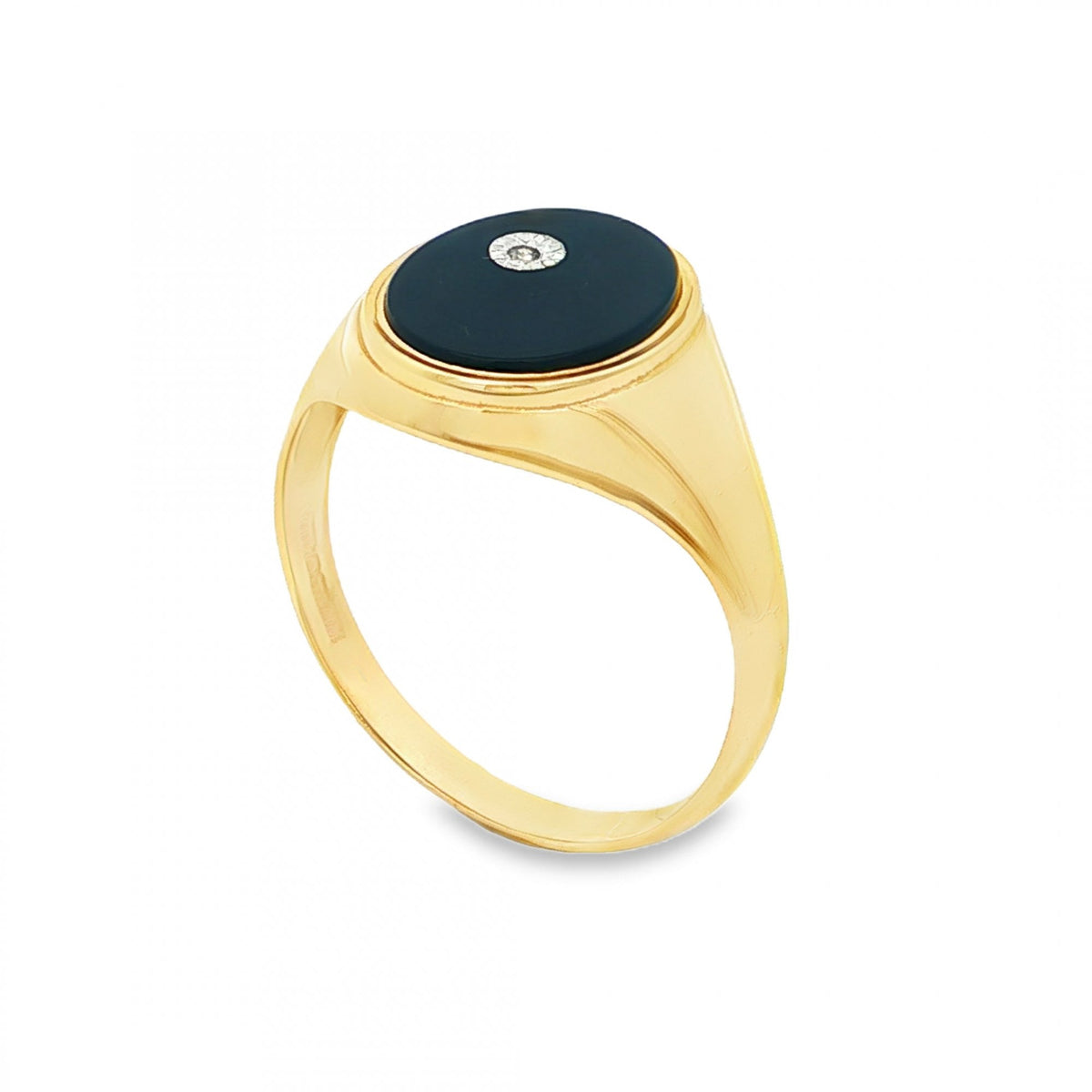 9ct Yellow Gold Diamond & Onyx Signet Ring - Size T½ - 14mm