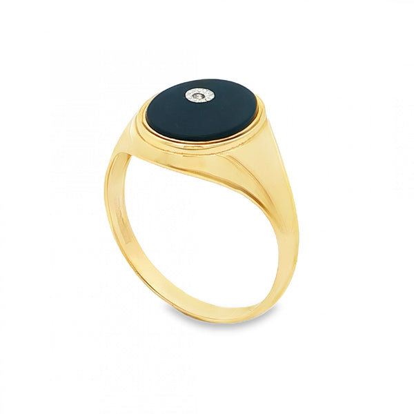 9ct Yellow Gold Diamond & Onyx Signet Ring - Size T½ - 14mm