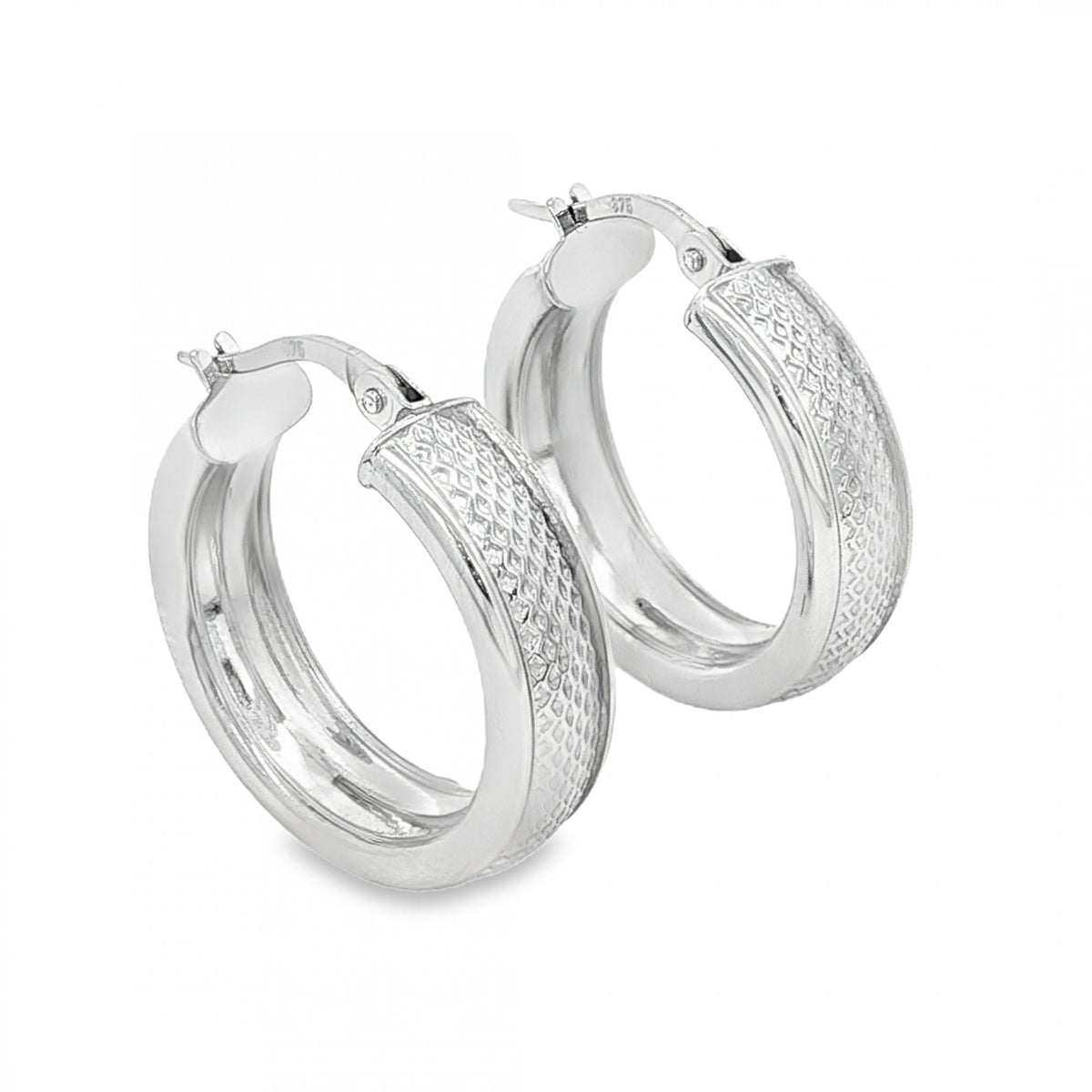 9ct White Gold Patterned Hoop Earrings - 22x23x6mm - 2.3g