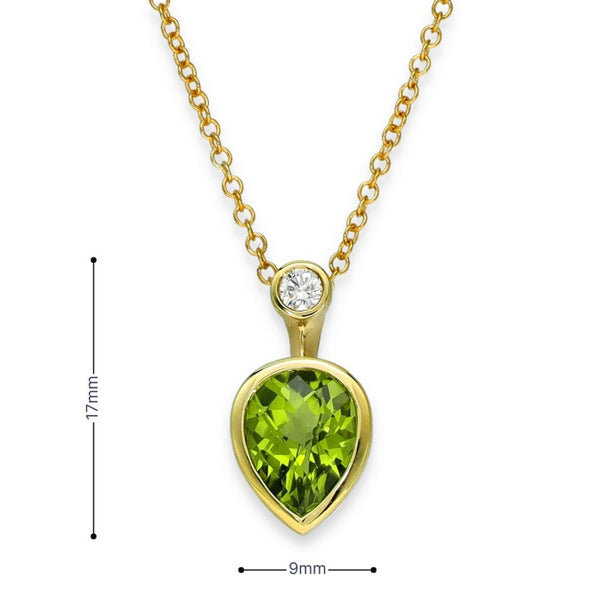 9ct Yellow Gold Peridot & Diamond Pendant & Necklace - 18" -3.1g