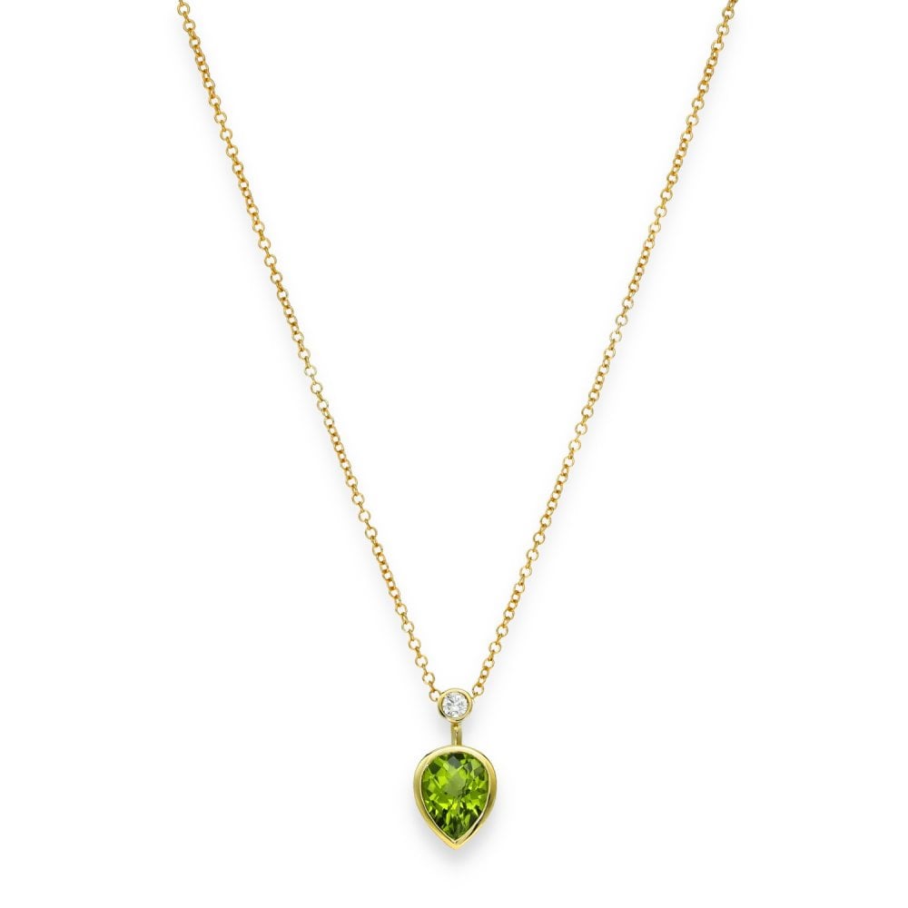 9ct Yellow Gold Peridot & Diamond Pendant & Necklace - 18" -3.1g