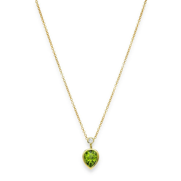 9ct Yellow Gold Peridot & Diamond Pendant & Necklace - 18" -3.1g