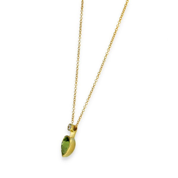 9ct Yellow Gold Peridot & Diamond Pendant & Necklace - 18" -3.1g