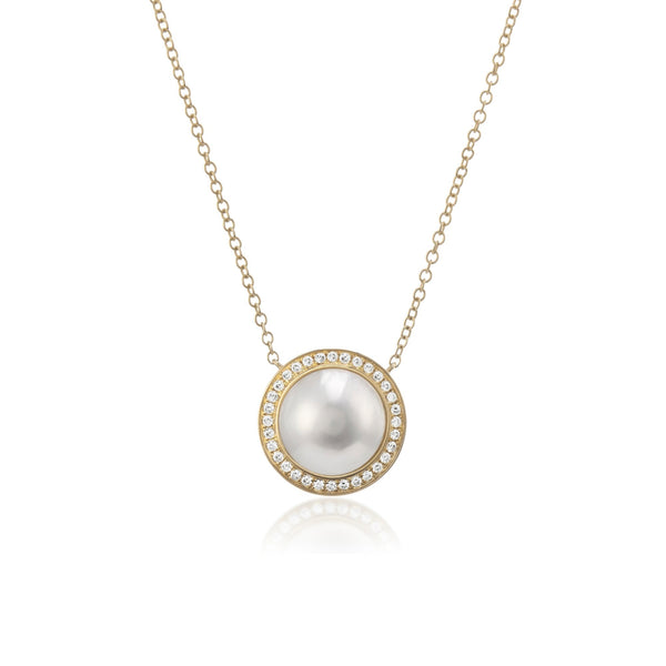 9ct Yellow Gold Pearl & Diamond Halo Pendant & Necklace - 0.20ct