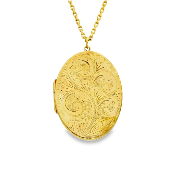9ct Yellow Gold Feather-Engraved Locket & Chain - 33x46x4mm -22"