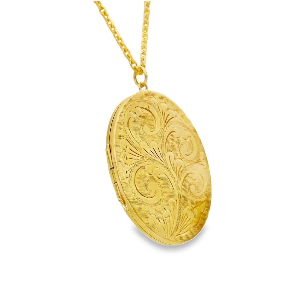 9ct Yellow Gold Feather-Engraved Locket & Chain - 33x46x4mm -22"