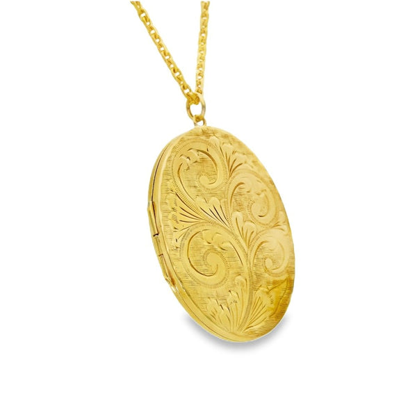 9ct Yellow Gold Feather-Engraved Locket & Chain - 33x46x4mm -22"