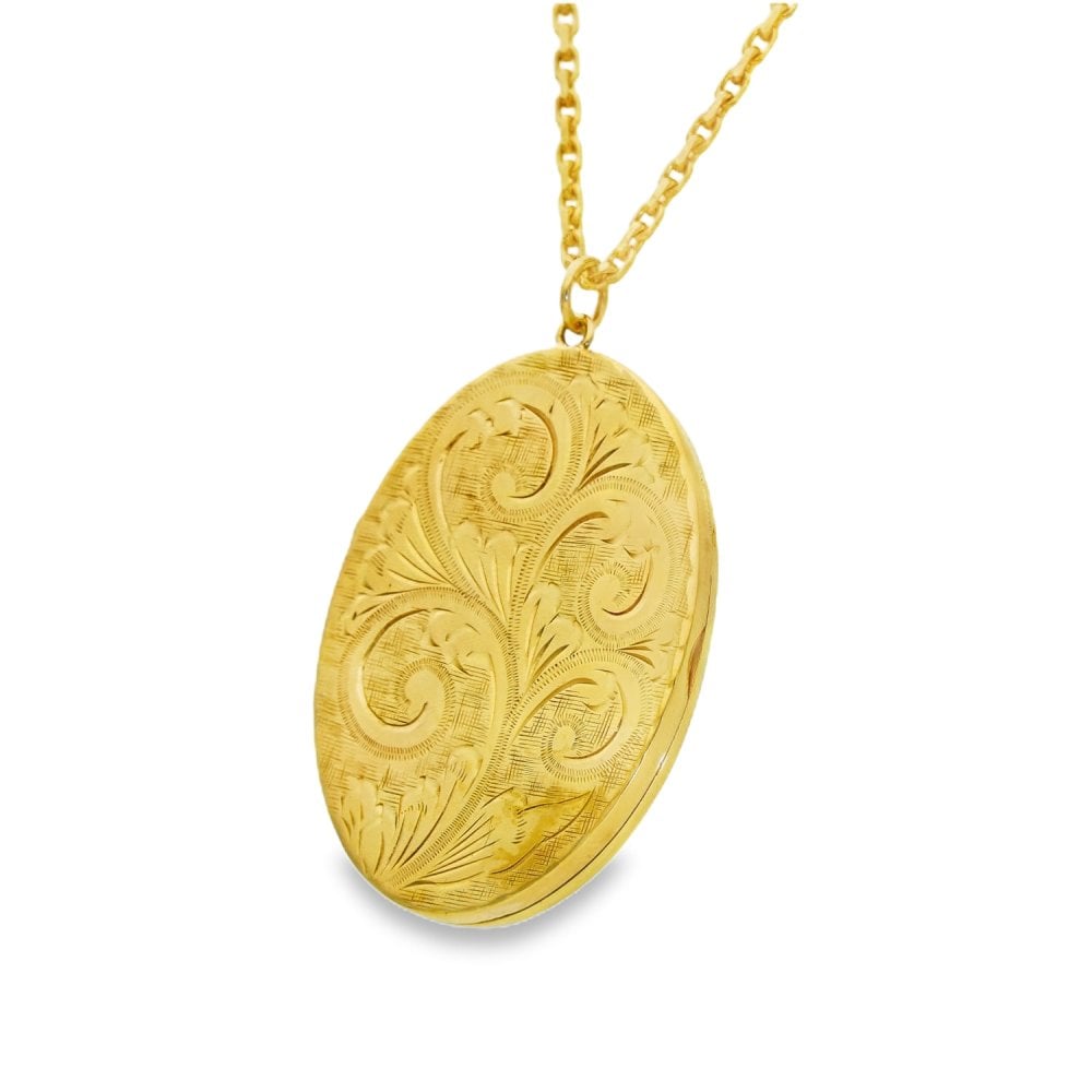 9ct Yellow Gold Feather-Engraved Locket & Chain - 33x46x4mm -22"