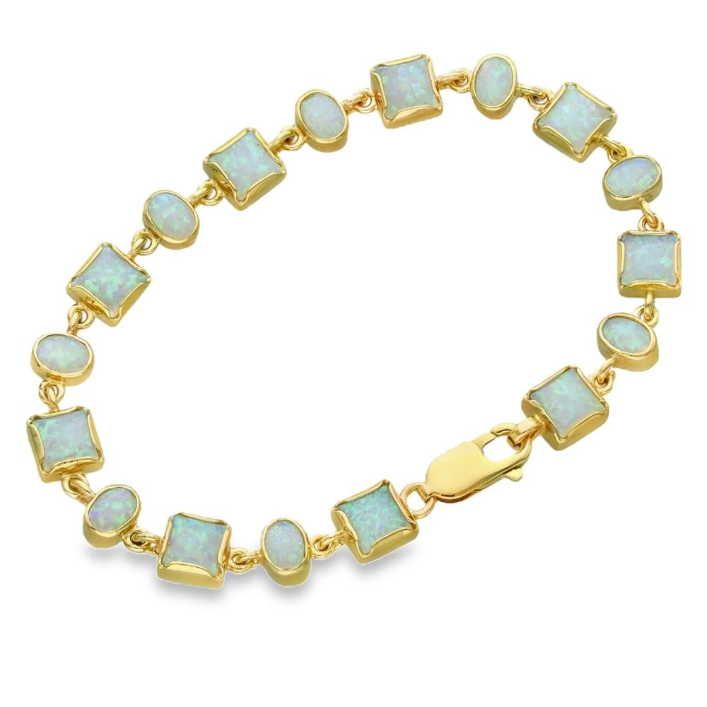 9ct Yellow Gold Square & Oval Opal Bracelet - 7.5" - 11.2g