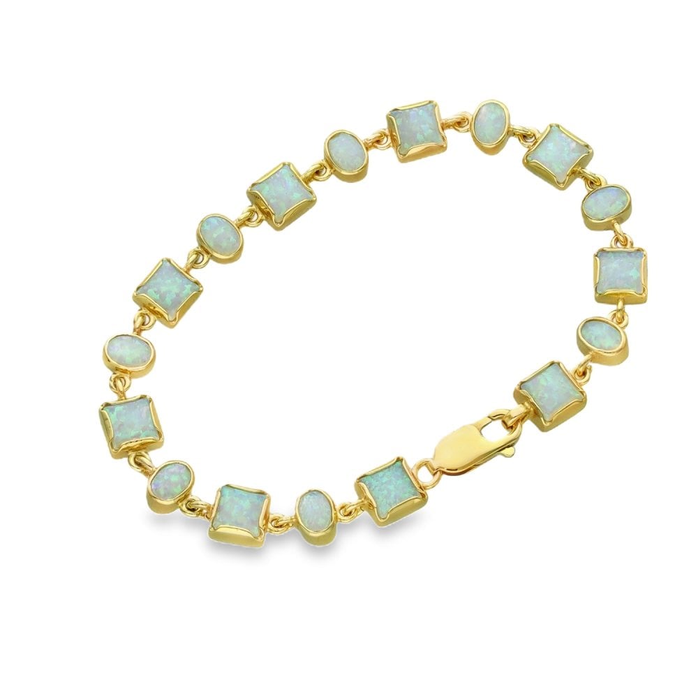 9ct Yellow Gold Square & Oval Opal Bracelet - 7.5" - 11.2g