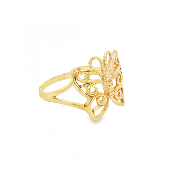 9ct Yellow Gold Filigree Butterfly Ring - Size M - 14mm