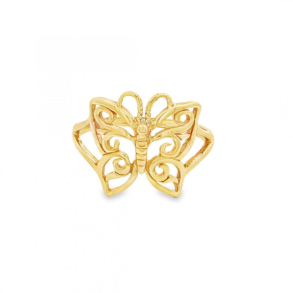 9ct Yellow Gold Filigree Butterfly Ring - Size M - 14mm