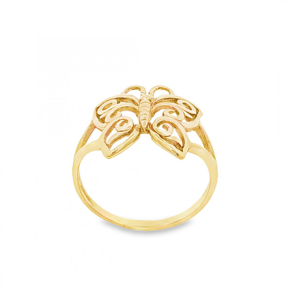 9ct Yellow Gold Filigree Butterfly Ring - Size M - 14mm