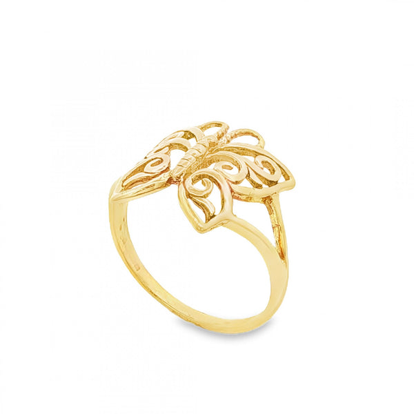 9ct Yellow Gold Filigree Butterfly Ring - Size M - 14mm