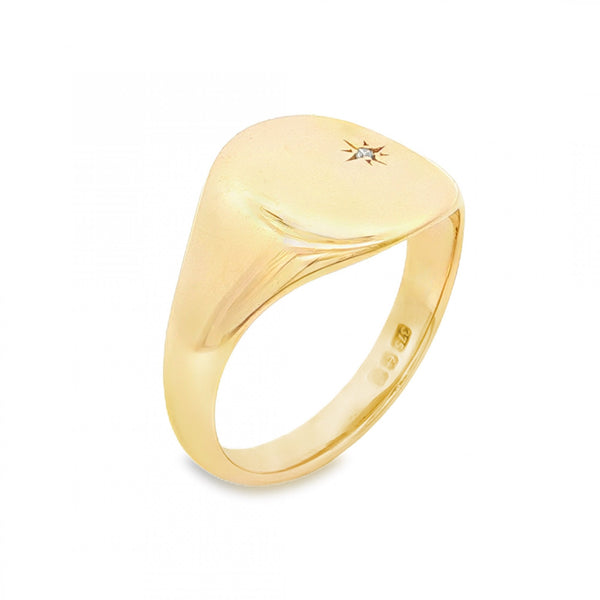 9ct Yellow Gold Diamond Starburst Signet Ring - Size U - 14mm