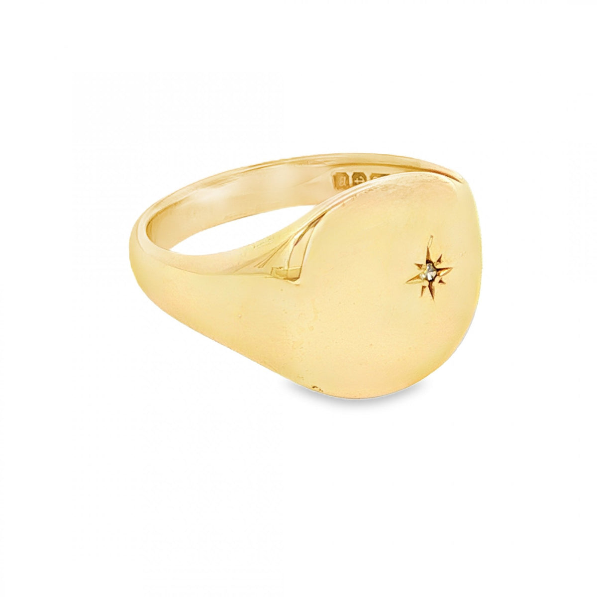 9ct Yellow Gold Diamond Starburst Signet Ring - Size U - 14mm
