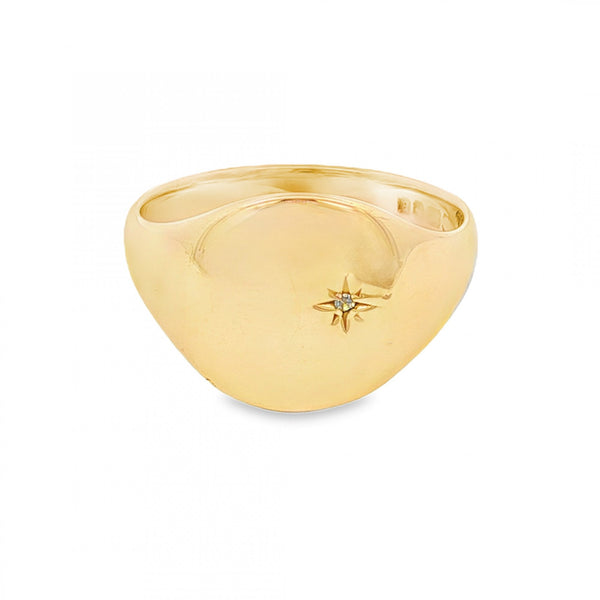 9ct Yellow Gold Diamond Starburst Signet Ring - Size U - 14mm