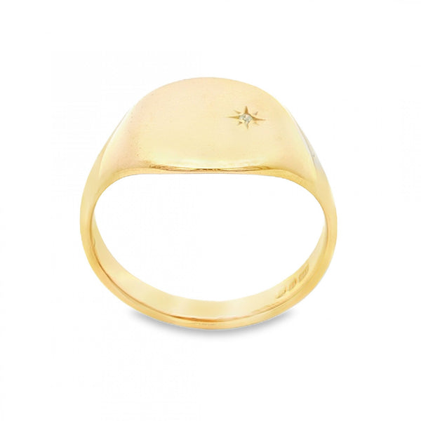 9ct Yellow Gold Diamond Starburst Signet Ring - Size U - 14mm