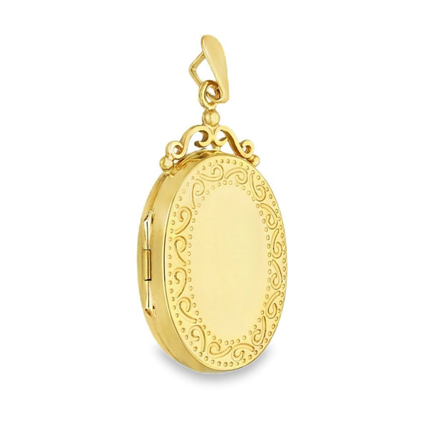 9ct Yellow Gold Patterned Edge Oval Locket - 17x29x6mm - 2.8g