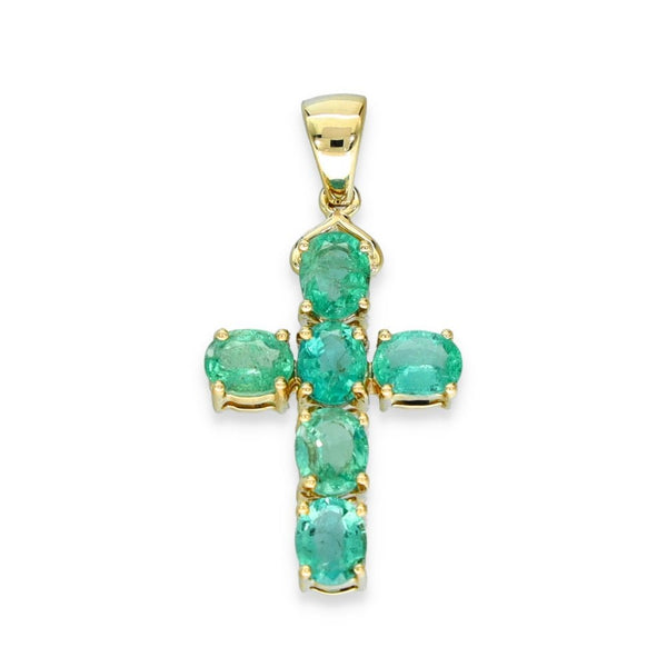 9ct Yellow Gold Oval Emerald Cross Pendant - 27x14x4mm - 2.3g