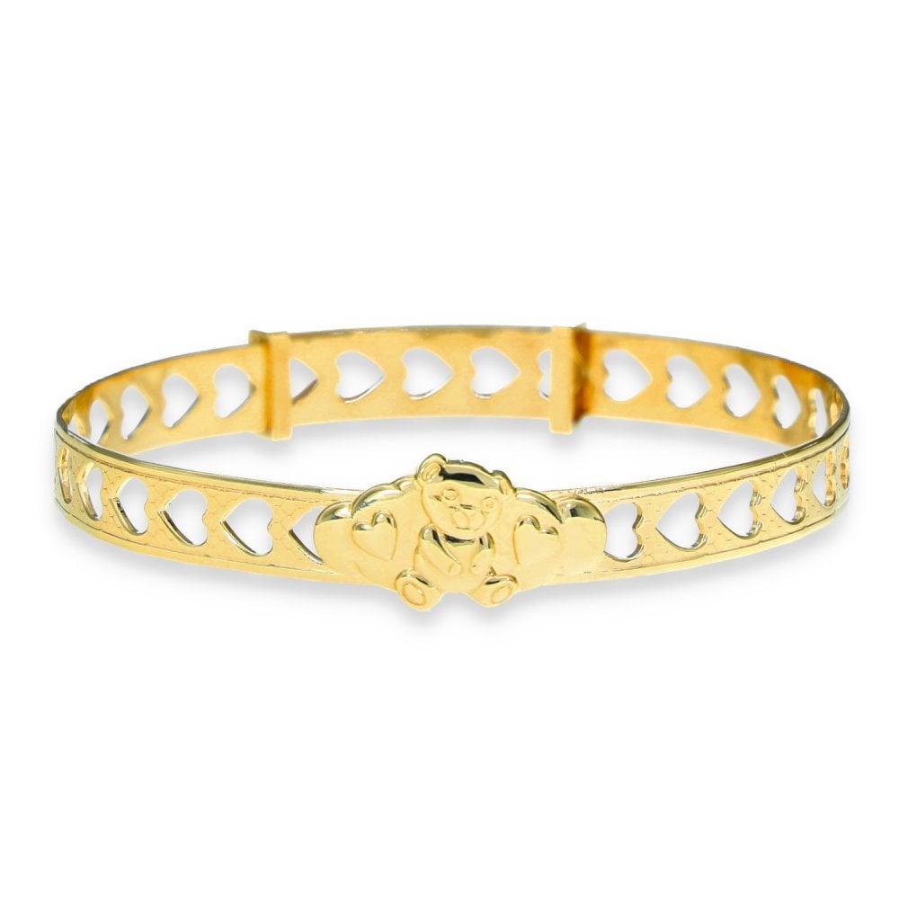 9ct Yellow Gold Bear & Heart Baby Bangle - 14.5cm - 3.5g