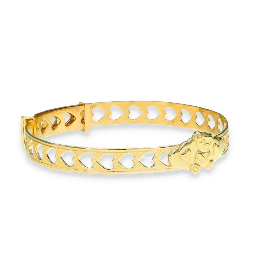 9ct Yellow Gold Bear & Heart Baby Bangle - 14.5cm - 3.5g