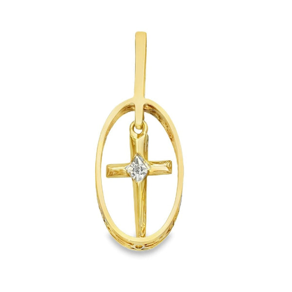 9ct Yellow Gold Hanging Diamond Cross Oval Pendant - 15x38x5mm