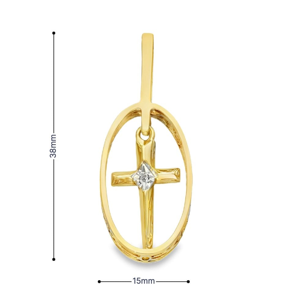 9ct Yellow Gold Hanging Diamond Cross Oval Pendant - 15x38x5mm