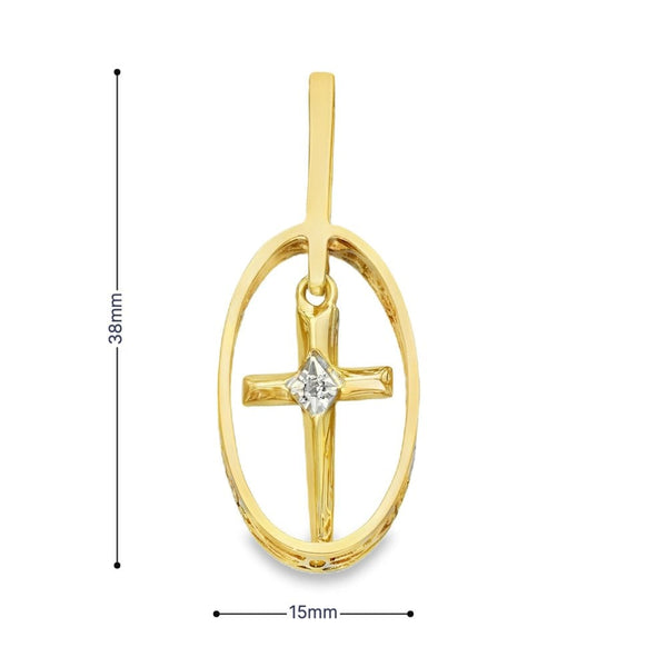9ct Yellow Gold Hanging Diamond Cross Oval Pendant - 15x38x5mm