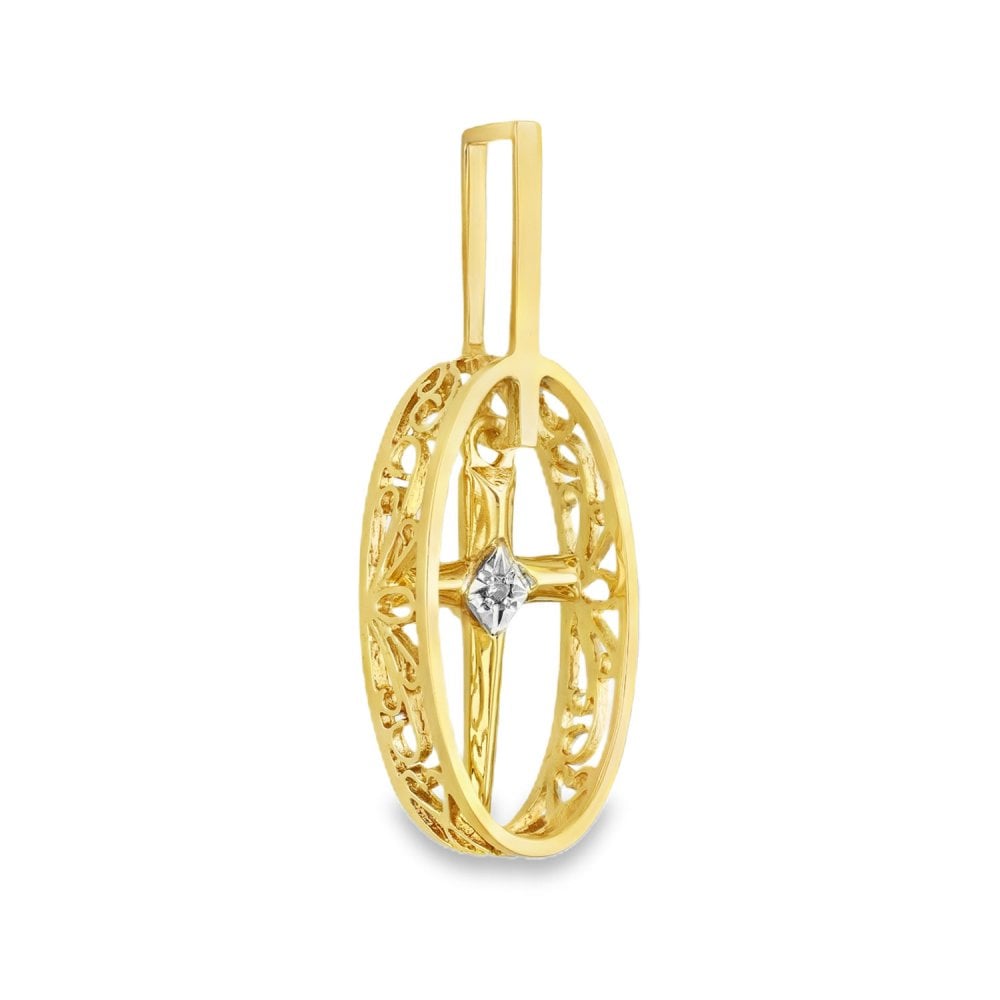9ct Yellow Gold Hanging Diamond Cross Oval Pendant - 15x38x5mm