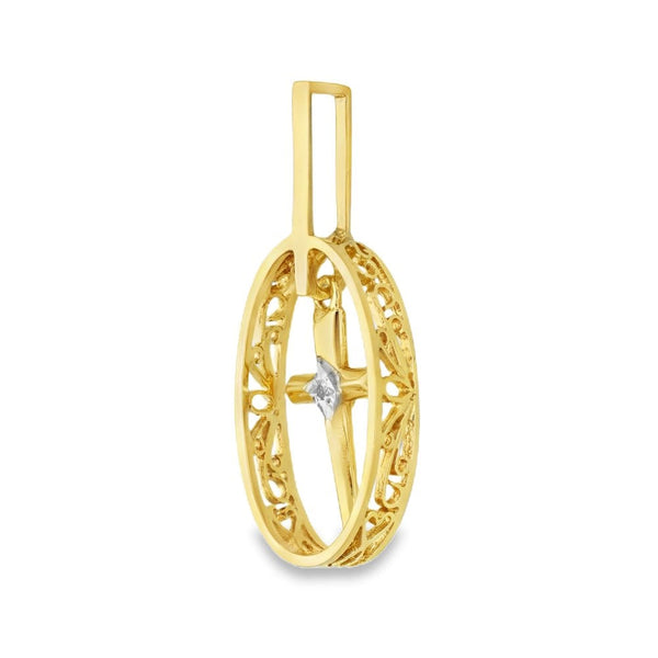 9ct Yellow Gold Hanging Diamond Cross Oval Pendant - 15x38x5mm
