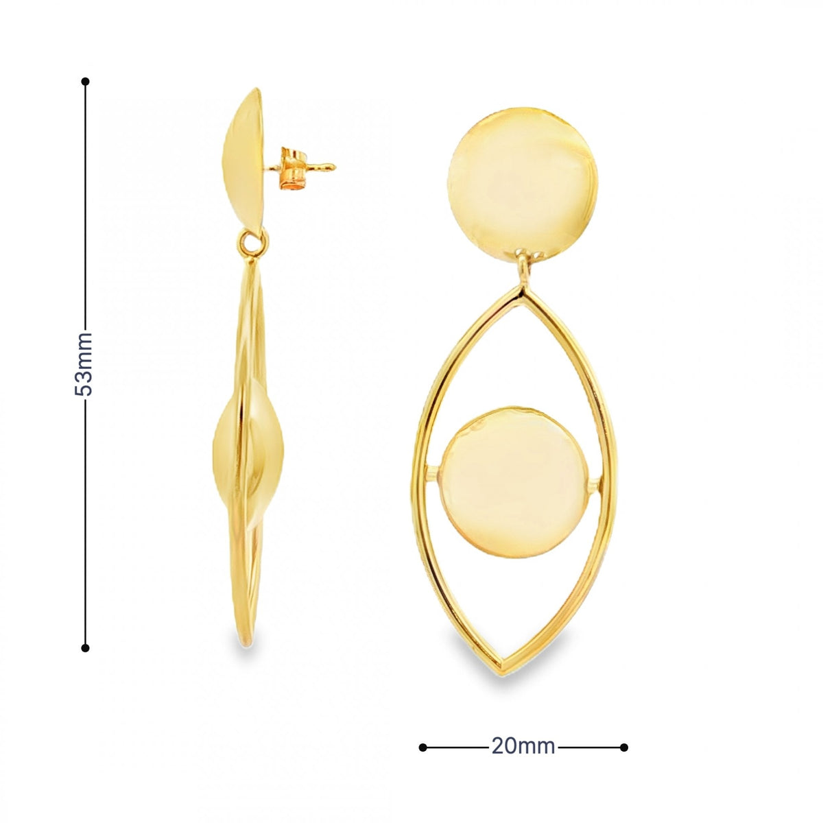 9ct Yellow Gold Eye-Shaped Drop Earrings - 20x53x7mm - 8.7g