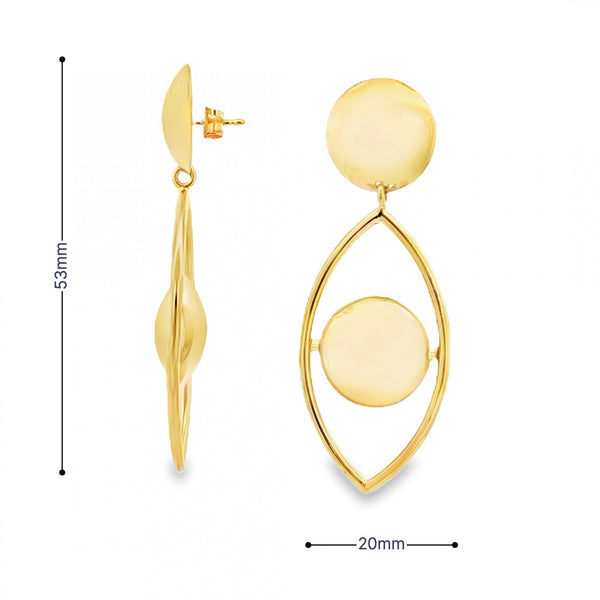 9ct Yellow Gold Eye-Shaped Drop Earrings - 20x53x7mm - 8.7g