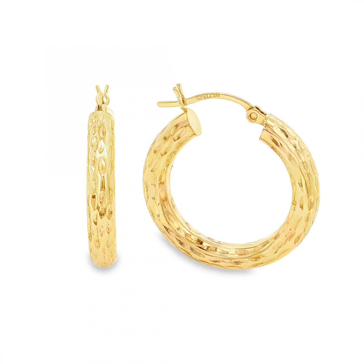 9ct Yellow Gold Patterned Hoop Earrings - 25x26x4mm - 2.1g