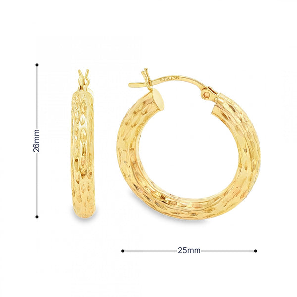 9ct Yellow Gold Patterned Hoop Earrings - 25x26x4mm - 2.1g