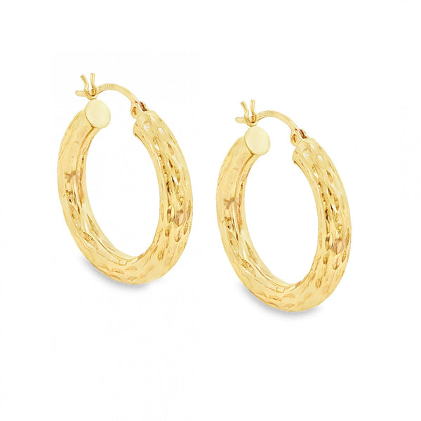 9ct Yellow Gold Patterned Hoop Earrings - 25x26x4mm - 2.1g