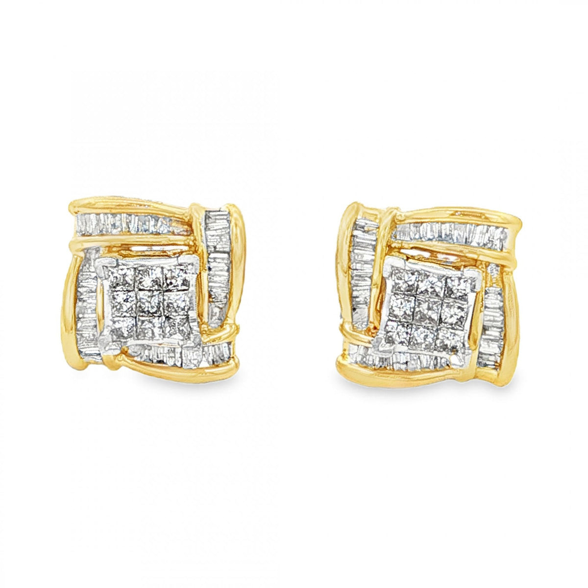 9ct Yellow Gold Diamond Cluster Stud & Collar Earrings - 9x9mm